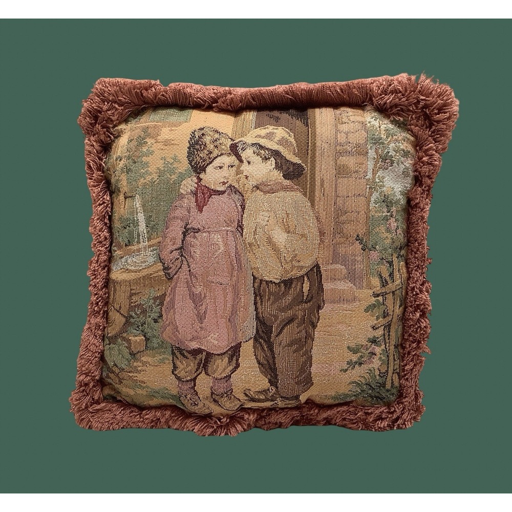 Vintage Pink Needlepoint Pillow Children Puppy Love 9x9 Romantic Shabby Chic